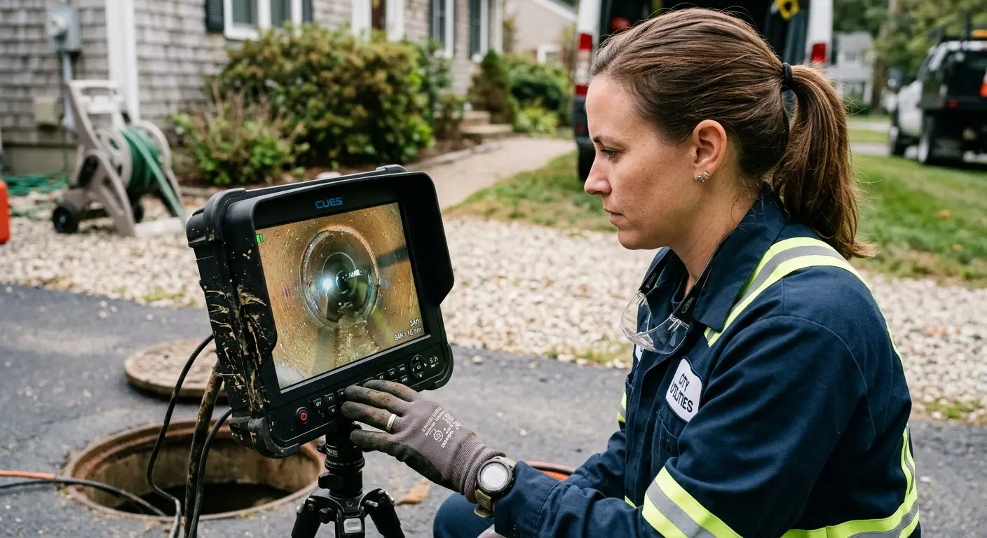 Technician reviewing sewer camera inspection footage in University Heights