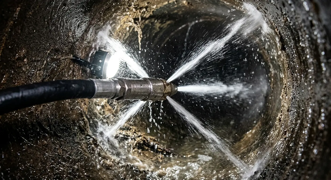 High-pressure hydro jetting nozzle cleaning sewer pipe for Sewer Cleanout in University Heights