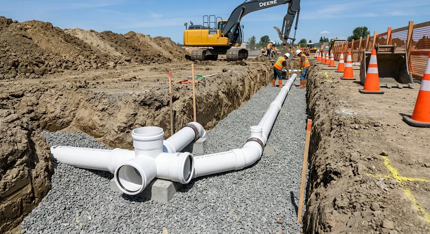 New PVC sewer pipe installation in open trench for Commercial Drain Cleaning in University Heights