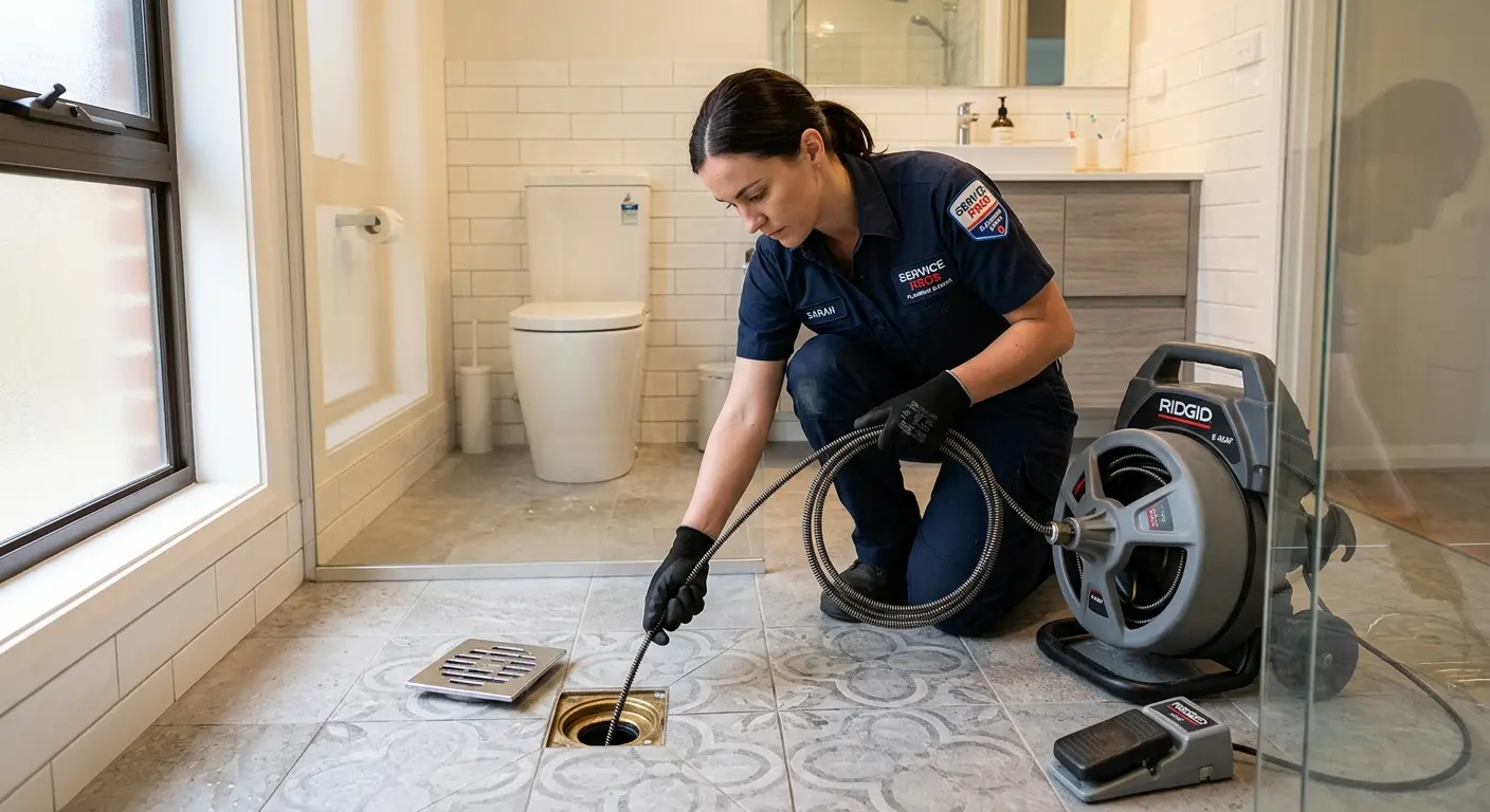 Technician clearing a bathroom floor drain for Sewer Line Replacement in University Heights